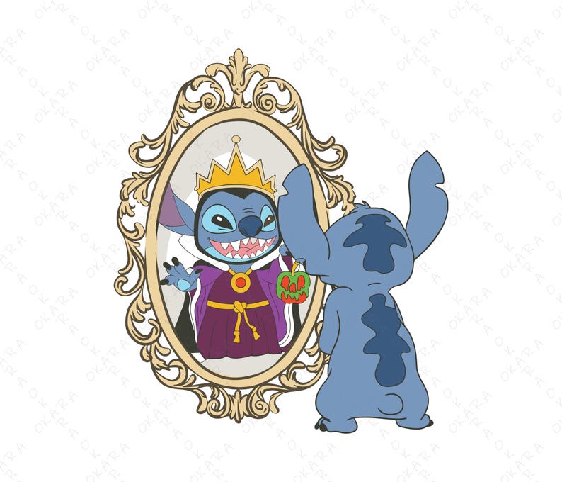 Puede incluir: Un personaje de dibujos animados azul mira un espejo, vi&eacute;ndose a s&iacute; mismo como un villano. El espejo est&aacute; en un marco dorado ornamentado. El reflejo sostiene una manzana verde.