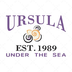 May include: A logo design with the name "URSULA" in purple arched text above a seashell graphic in black, orange, and white. Below, the text "EST. 1989" and "UNDER THE SEA" are in black and purple.