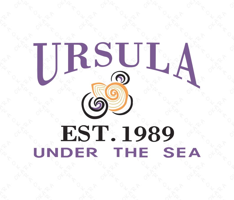 May include: A logo design featuring the name "URSULA" in purple arched text above a stylized seashell graphic in black, orange, and white. Below, the text "EST. 1989" and "UNDER THE SEA" are in black and purple.