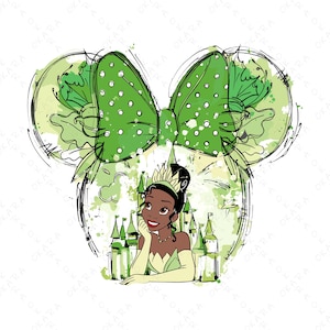 Pode incluir: Ilustração de uma princesa com um laço verde e um castelo. A princesa usa uma coroa e um vestido verde. O fundo é uma aguarela verde e branca.