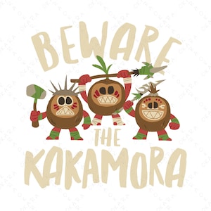 May include: A cartoon illustration featuring three coconut-like characters with angry expressions, holding weapons. The text "BEWARE THE KAKAMORA" is above and below the characters in a light brown color. The characters are brown, red, and green.