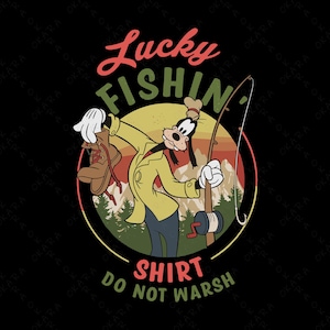 May include: A retro-style graphic t-shirt featuring a cartoon dog holding a fishing rod and a boot. The text "Lucky Fishin'" is in a red circle with a yellow background. The text "Shirt Do Not Wash" is below the circle.