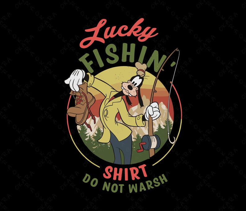 May include: A retro-style graphic t-shirt featuring a cartoon dog holding a fishing rod and a boot. The text "Lucky Fishin'" is in a red circle with a yellow background. The text "Shirt Do Not Wash" is below the circle.