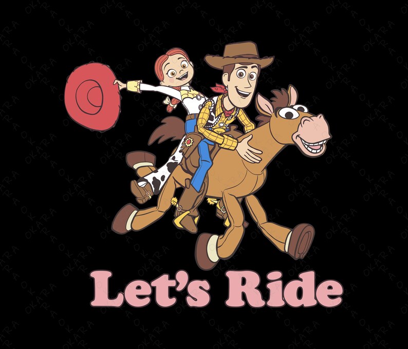 Puede incluir: Ilustraci&oacute;n de dibujos animados con Woody y Jessie de Toy Story montando a caballo. Jessie sostiene un sombrero rojo, y el texto "Let's Ride" se muestra en rosa debajo de los personajes sobre un fondo negro.