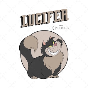 Puede incluir: Ilustraci&oacute;n de dibujos animados de Lucifer, el gato de Cenicienta de Disney, con una sonrisa de suficiencia. El gato es negro y gris, sobre un c&iacute;rculo marr&oacute;n claro. La palabra "Lucifer" est&aacute; encima del gato en negrita y 3D.