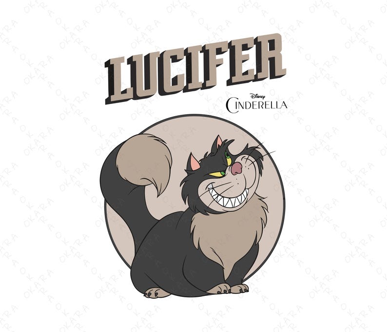 Puede incluir: Ilustraci&oacute;n de dibujos animados de Lucifer, el gato de Cenicienta de Disney, con una sonrisa de suficiencia. El gato es negro y gris, sobre un c&iacute;rculo marr&oacute;n claro. La palabra "Lucifer" est&aacute; encima del gato en negrita y 3D.