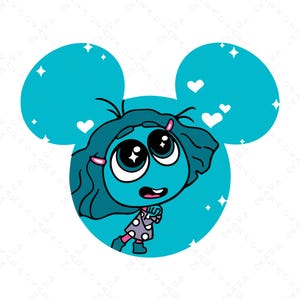 May include: A blue cartoon character with large eyes and a pink bow in her hair. She is wearing a polka dot dress and is surrounded by white hearts and stars on a blue background.