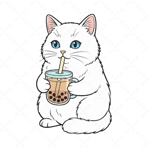 May include: A cartoon illustration of a white cat with blue eyes drinking boba tea. The cat is holding a clear glass of brown boba tea with a straw. The cat is sitting down and has black outlines.