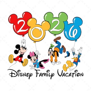 May include: A colorful graphic featuring Mickey Mouse, Minnie Mouse, Goofy, and Donald Duck holding balloons shaped like Mickey Mouse ears. The balloons form the numbers "2020" and the text "Disney Family Vacation" is below.