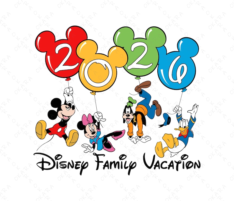 May include: A colorful graphic featuring Mickey Mouse, Minnie Mouse, Goofy, and Donald Duck holding balloons shaped like Mickey Mouse ears. The balloons form the numbers "2020" and the text "Disney Family Vacation" is below.