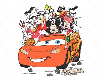 May include: A red cartoon car with a smiling face, driven by Mickey Mouse, Minnie Mouse, Donald Duck, and Goofy dressed in Halloween costumes. They are holding candy buckets and driving through a spooky scene with a spider web and bats.