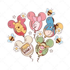 May include: A whimsical illustration featuring Winnie the Pooh and friends as Mickey Mouse-shaped balloons. The balloons are in shades of pink, green, and blue, with details of honey, daisies, and bees. The characters include Winnie the Pooh, Piglet, Eeyore, and Tigger.