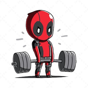 May include: A cartoon illustration of Deadpool lifting a barbell. He is wearing his signature red and black suit with a mask. He is flexing his muscles and has a determined look on his face.