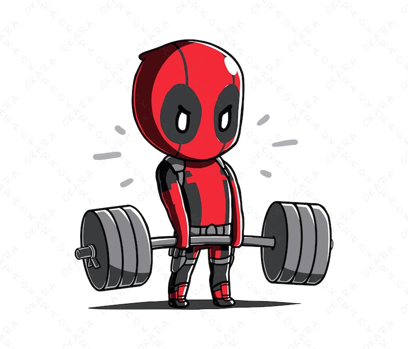 May include: A cartoon illustration of Deadpool lifting a barbell. He is wearing his signature red and black suit with a mask. He is flexing his muscles and has a determined look on his face.