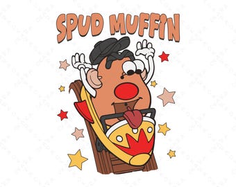 Spud Muffin SVG - Funny Potato Head Cartoon PNG - Retro Theme Park Ride Shirt Design - Stud Muffin Parody Cricut File - Food Pun Digital Art