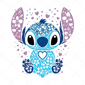 May include: Blue and purple floral patterned Stitch character with a heart in the center. The character is surrounded by small pink hearts.