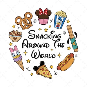 Op de afbeelding: Een kleurrijke illustratie met Disney-thema snacks en lekkernijen. Bevat een pretzel, cupcake, popcorn, churro, hotdog, pizza, ijs en een kom met noten, gerangschikt rond de tekst "Snacking Around The World".