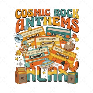 May include: A retro-style graphic featuring the text "COSMIC ROCK ANTHEMS" in orange, teal, and yellow. Cassette tapes with space-themed titles like "Interstellar Jam" and "Galactic Groove Vol. 1" are included, along with illustrations of planets, aliens, and rockets.