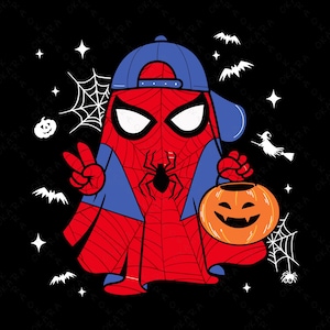 May include: A graphic illustration on a black background featuring a character wearing a red and blue spider-web patterned costume, a blue baseball cap, and holding an orange jack-o'-lantern bucket. The design includes white spiderwebs, bats, stars, and a witch silhouette.