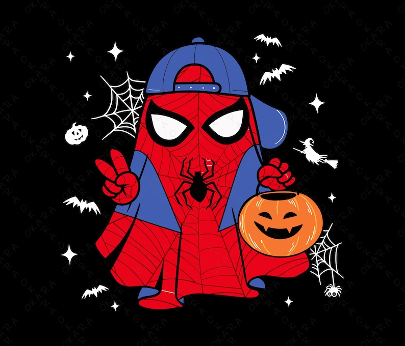 May include: A graphic illustration on a black background featuring a character wearing a red and blue spider-web patterned costume, a blue baseball cap, and holding an orange jack-o'-lantern bucket. The design includes white spiderwebs, bats, stars, and a witch silhouette.