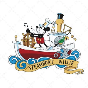 May include: Cartoon illustration of Mickey Mouse at the helm of the Steamboat Willie. The boat is red and white with blue waves. Mickey is wearing red shorts and a captain's hat. A banner reads "Steamboat Willie."