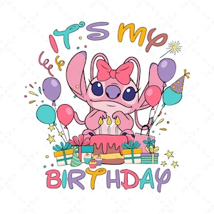 May include: A pink cartoon character with a bow, surrounded by balloons, presents, and a birthday cake with candles. The text "It's my birthday" is displayed in colorful letters, creating a festive and celebratory design.