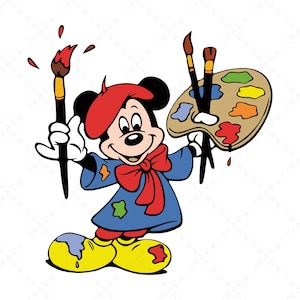 Może przedstawiać: Ilustracja kreskówki przedstawiająca Myszka Miki jako artystę. Ma na sobie czerwony beret, niebieski płaszcz i żółte buty. Miki trzyma pędzel z czerwoną farbą i paletę z różnymi kolorami.