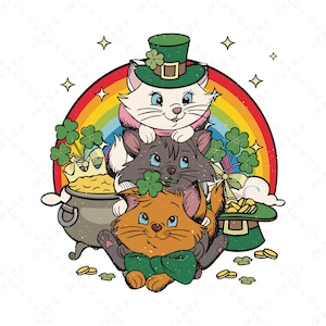 Puede incluir: Tres gatos de dibujos animados con sombreros de trébol y sosteniendo tréboles, con un bote de oro y un arcoíris en el fondo.