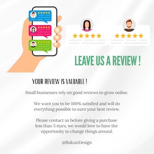 May include: An illustration with a hand holding a smartphone displaying customer reviews with five-star ratings. The text "LEAVE US A REVIEW!" is above the text "YOUR REVIEW IS VALUABLE!" and other text about customer satisfaction.