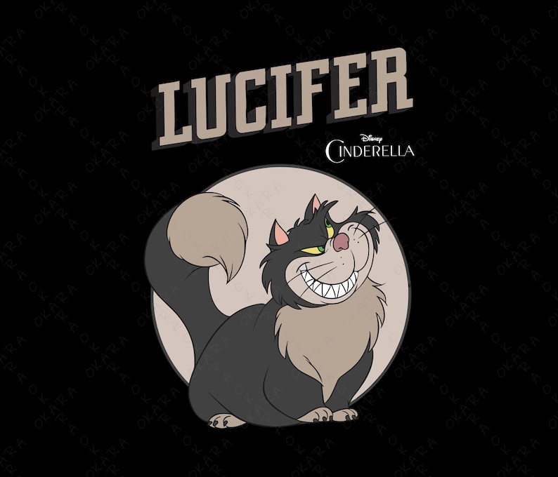 Puede incluir: Ilustraci&oacute;n de Lucifer, el gato de Cenicienta de Disney, con una sonrisa maliciosa. El gato es negro y gris, sobre un c&iacute;rculo marr&oacute;n claro sobre un fondo negro. La palabra "LUCIFER" est&aacute; encima del gato.