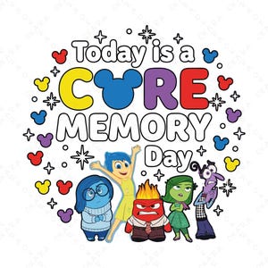 May include: A colorful graphic featuring characters from the animated movie Inside Out. The text "Today is a CORE MEMORY Day" is displayed in a playful font, surrounded by Mickey Mouse-shaped icons and stars. The characters include Joy, Sadness, Anger, Disgust, and Fear.