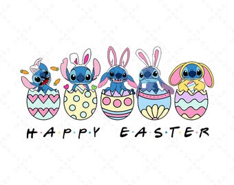 Paquete SVG de Pascua de Stitch / Fuente Friends Feliz Pascua Png / Clipart de orejas de conejo de Lilo Stitch para Cricut / Sublimación navideña divertida