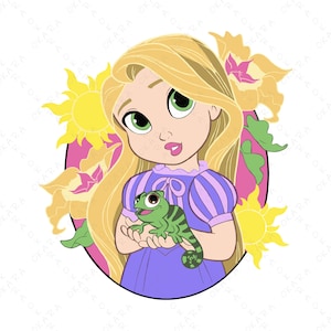 May include: A cartoon illustration of a young girl with long blonde hair, wearing a purple dress, holding a green chameleon. The background features yellow suns and flowers, all within a pink oval.