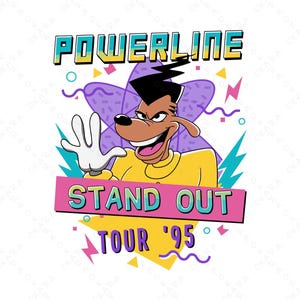 Puede incluir: Un diseño gráfico colorido con un perro de dibujos animados con una camisa amarilla saludando. El texto "POWERLINE STAND OUT TOUR '95" se destaca con formas geométricas y una estrella púrpura, en un estilo retro.