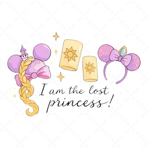May include: Illustration featuring elements from a fairy tale. Includes a purple Minnie Mouse ear headband, a braid, and two lanterns. Text reads "I am the lost princess!" in a script font. Gold stars are scattered around the design.