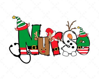 Christmas Nurse SVG - Holiday RN Shirt Design - Santa Reindeer Snowman Doodle Letters PNG - Medical Staff Winter Sublimation File