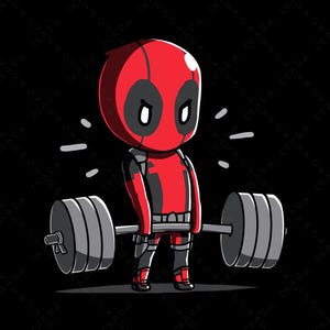 May include: A cartoon illustration of Deadpool lifting a barbell. He is wearing his signature red and black suit and mask. The background is black.
