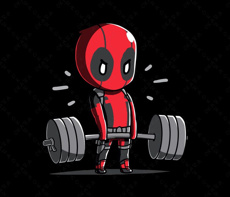 May include: A cartoon illustration of Deadpool lifting a barbell. He is wearing his signature red and black suit and mask. The background is black.