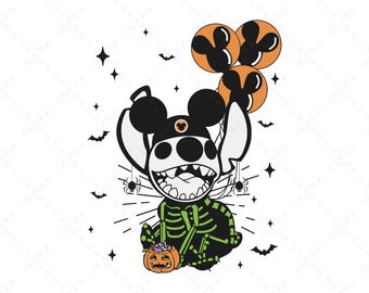 Stitch Halloween SVG - Skeleton Mickey Ears PNG - Trick or Treat Cut File - Spooky Season Digital Download