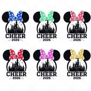 Disney Cheer 2026 SVG - Colorful Minnie Mouse Ears Castle Cut File - Cheerleader PNG for Cricut - Cheer Squad Team Shirt Design
