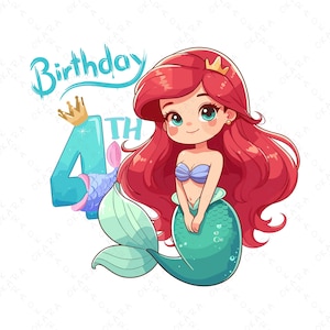 Ariel Png, Ariel Birthday Png, Printable Ariel Birthday T-Shirt Design, Birthday Sublimation, Birthday Png, Ariel Svg, 4th Birthday Png
