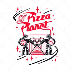 May include: A red and black logo for Pizza Planet, a fictional restaurant from the Toy Story movies. The logo features a red planet with a ring around it, the words "Pizza Planet" in red, and two black robots holding pizza slices.