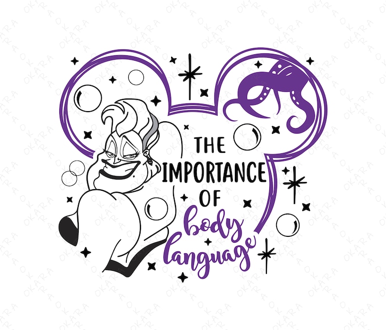 Puede incluir: Gr&aacute;fico en blanco y negro con &Uacute;rsula de La Sirenita, con acentos morados. El texto dice "The Importance of Body Language" en una fuente estilizada, dentro de un contorno de oreja de Mickey Mouse.