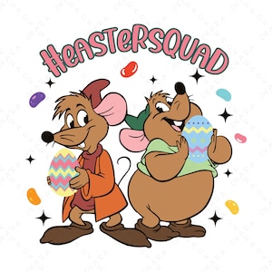 Peut inclure: Deux souris de dessin animé tenant des œufs de Pâques. Les souris sont brunes et ont de grandes oreilles. Le texte "Heastersquad" est écrit en lettres roses au-dessus des souris.