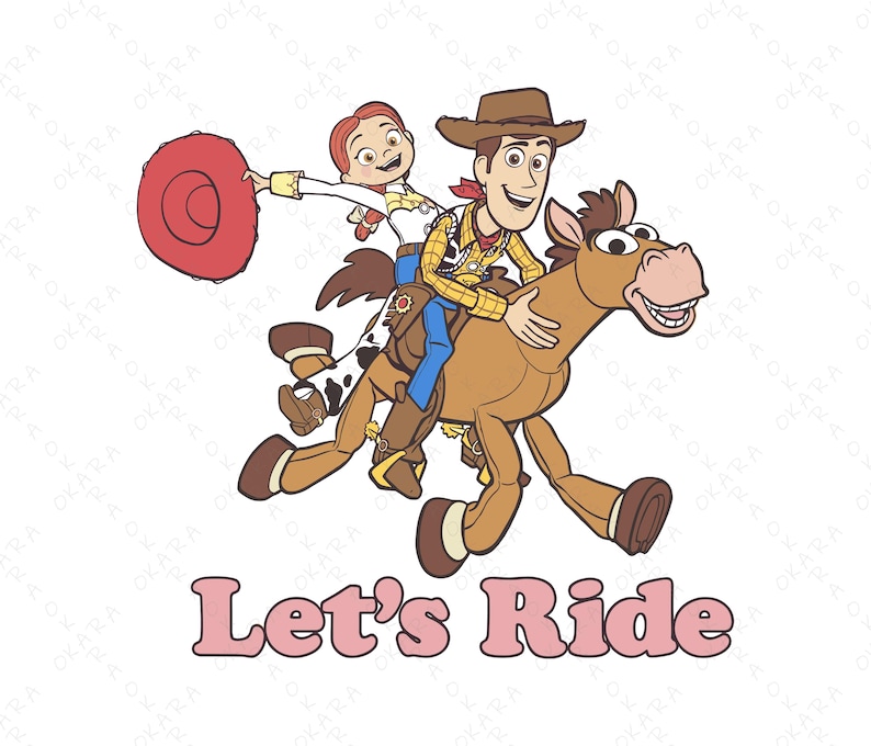Puede incluir: Ilustraci&oacute;n de dibujos animados con Woody y Jessie de Toy Story montados a caballo. Woody lleva sombrero y chaleco de vaquero, mientras que Jessie sostiene un sombrero rojo. El texto "Let's Ride" es rosa.