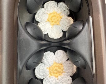 Crochet Flower Car Coaster Daisy Car Decor 100 % Cotton Set of 2 Cupholder Inserts Cute Car Accessories Floral Car Coasters