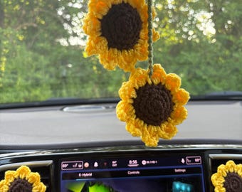 Crochet Sunflower Car Decor: Sunflower Vent Clips and Rearview Mirror Accessory Gift Idea for Sunflower Lover Cute Car Mirror Hanging