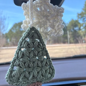 Crochet Christmas Car Charm Rearview Mirror Ornament Tree and Star or Snowflake Holiday Car Decor