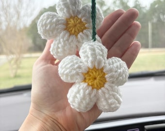 Crochet Daisy Car Charm Flower Rearview Mirror Accessory Bee Butterfly Strawberry Lily of the Valley Charm Spring Gift Idea