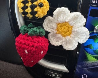 Crochet Spring Vent Clips: Daisy Flower, Bumblebee, Strawberry, Butterfly Car Decor Cute Car Accessories Gift Idea For Her Car